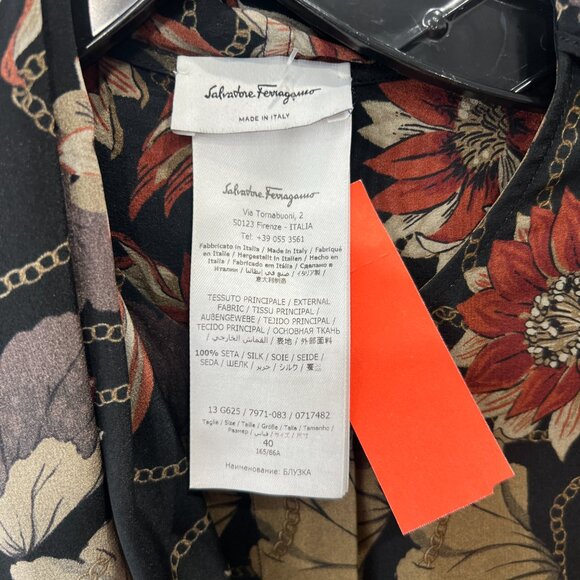 Salvatore Ferragamo Black Floral Pussy Bow Silk Button Blouse size IT 40/4 - Picture 7 of 9